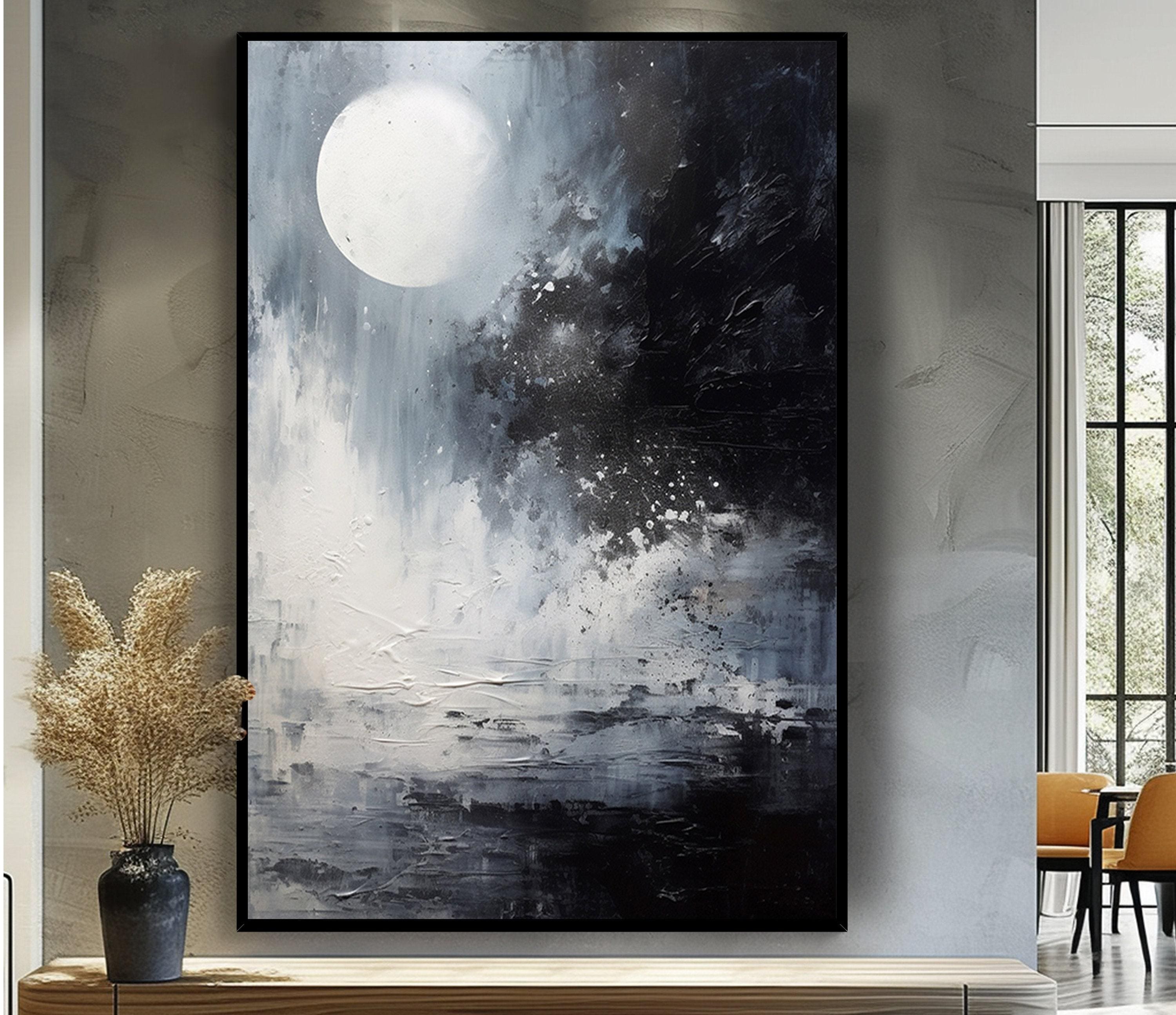 月面テクスチャー抽象画 テクスチャのある月の絵画：白黒の抽象的な風景画の壁アート - Etsy 日本
