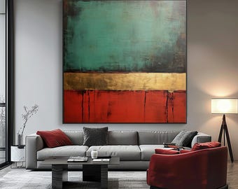 Abstract goud, groen en blauwgroen olieverfschilderij op canvas - moderne muurkunst