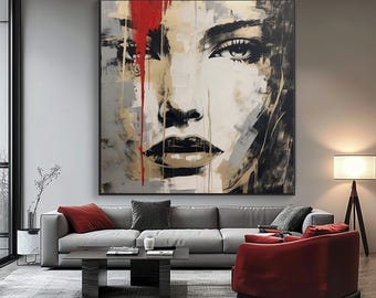 Handgeschilderd vrouwenportret: zwart, wit en goud abstract olieverfschilderij