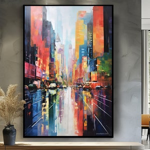 Rainy New York City Oil Painting: Colorful Abstract Street Art