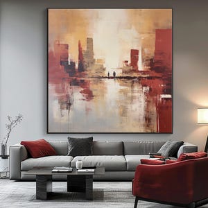 Red Abstract Cityscape Painting: Textured Acrylic Oil Wall Art
