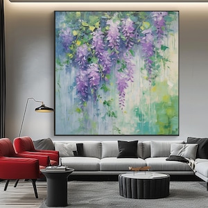 100% Hand Painted, Textured Spring Wisteria Flower Painting, Acrylic Abstract Oil Painting, Wall Decor Living Room, Office Wall Art KT1686 zdjęcie 2