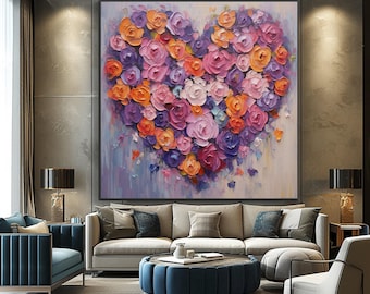 Hand-Painted Floral Heart Painting: Textured Acrylic Abstract Art