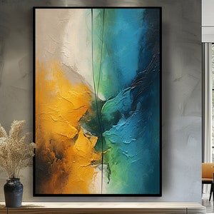 Textured Abstract Oil Painting: Blue, Yellow, Green Wall Art