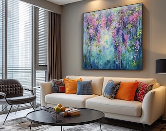 Hand Painted Wisteria Floral Painting, Abstract Acrylic Oil Art