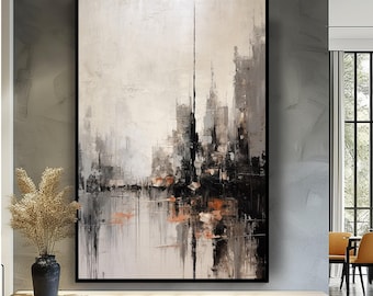 Textured Cityscape Oil Painting: Beige, Black & White Abstract Wall Art