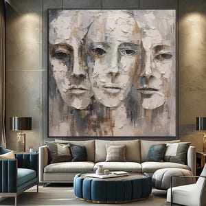 Textured Abstract Faces Oil Painting: Hand-Painted Wall Decor