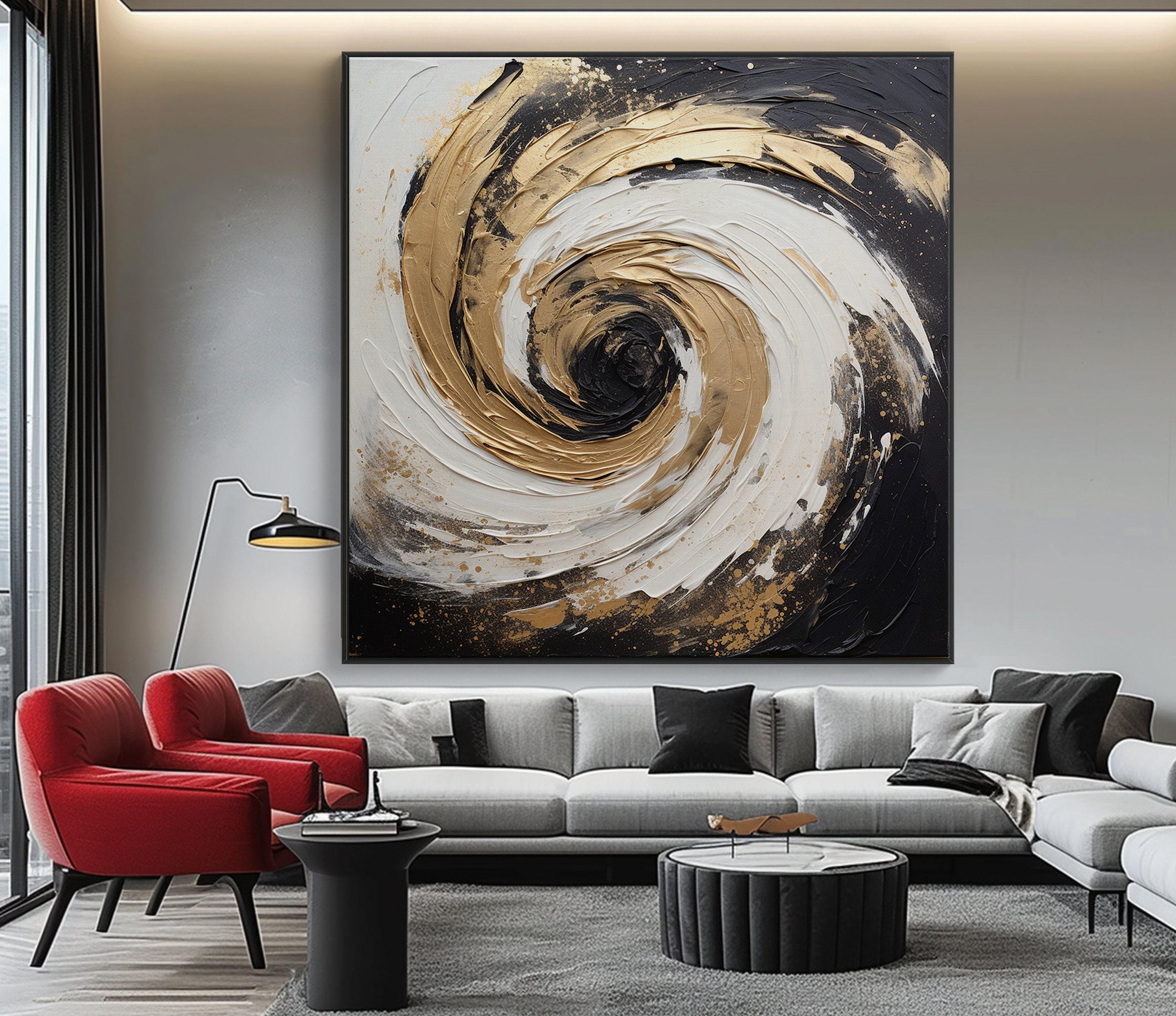 黒と白の抽象油彩画 テクスチャのある抽象油絵：黒、金、白の渦巻き - Etsy 日本