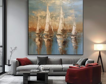 Large Abstract Sailboat Oil Painting, Nautical Seascape, Textured Canvas Art