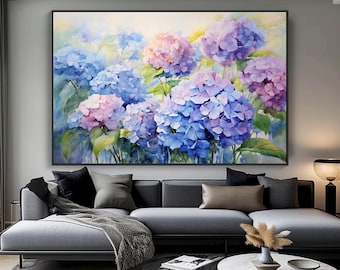 Hand-Painted Hydrangea Canvas Art: Textured Abstract Floral Painting