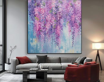 Hand Painted Wisteria Painting, Textured Acrylic Oil, Living Room Wall Art