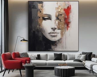 Handgeschilderd vrouwenportret: abstract getextureerd acrylolieverfschilderij