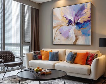 Abstract Floral Painting: Purple, Blue, and Gold Textured Wall Art