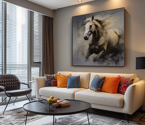 手描きの走る馬の油絵：抽象的なテクスチャの壁アート - Etsy 日本