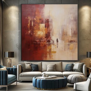 Textured Red Abstract Cityscape Painting, Original Oil on Canvas