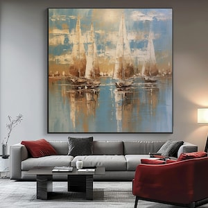 Hand Painted Sailboat Painting: Abstract Textured Acrylic Oil, Coastal Wall Art