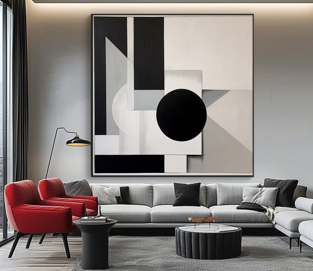 Abstract Black and White Geometric Oil Painting, Minimalist Wall Art - Etsy