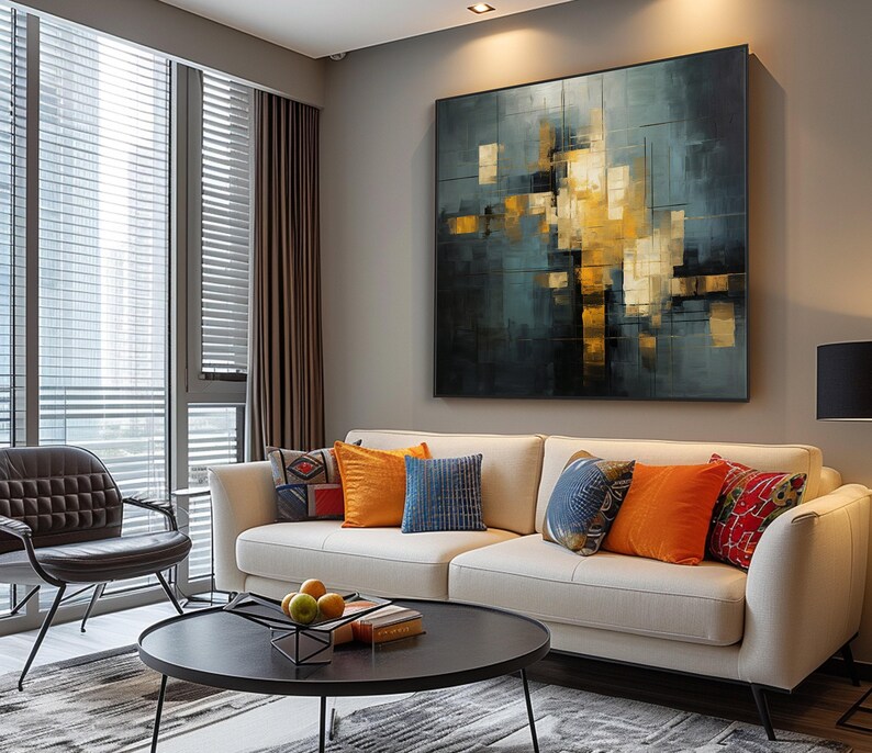 Pintura al óleo geométrica abstracta dorada y azul: arte mural ...