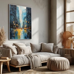 Hand Painted Foggy Cityscape Painting: Abstract Acrylic Oil Wall Art
