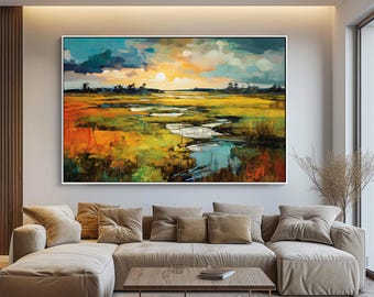 Hand Painted Village Stream Acrylic Painting: Abstract Nature Wall Decor