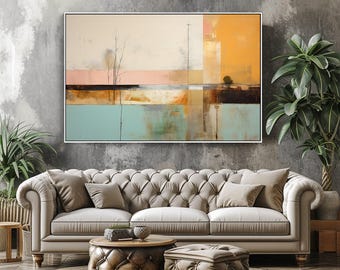 Abstract Landscape Painting: Textured Acrylic Oil Art, Blue, Orange, White