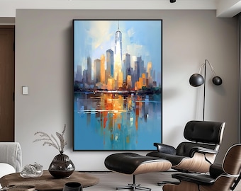 Blue & Gold Abstract New York City Oil Painting: Textured Landscape Wall Art