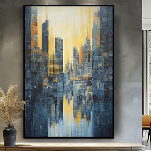 Abstract New York City Oil Painting: Blue Tones Textured Wall Art