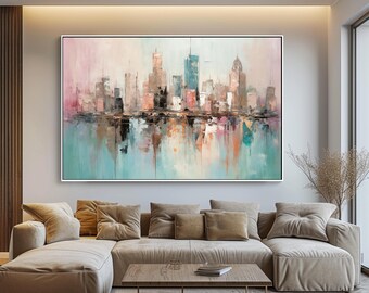 Textured Cityscape Painting: Abstract Acrylic Oil Skyline Art