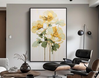 Textured Yellow Flowers Painting: Gold Abstract Floral Oil Painting