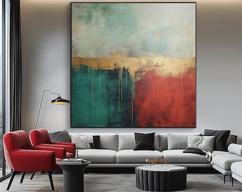 Abstract goud, groen en blauwgroen olieverfschilderij op canvas - moderne muurkunst