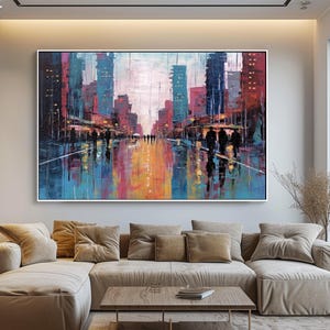 Textured Cityscape Painting: Rainy Day Umbrellas, Abstract Acrylic Oil Art