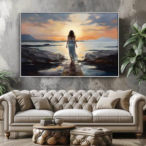 手描きの夕焼けの海景：桟橋の女性、質感のあるアクリル油絵