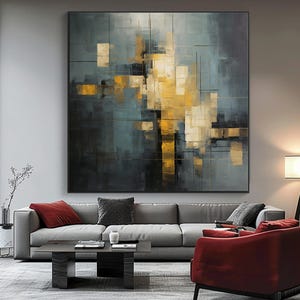Pintura al óleo geométrica abstracta dorada y azul: arte mural ...