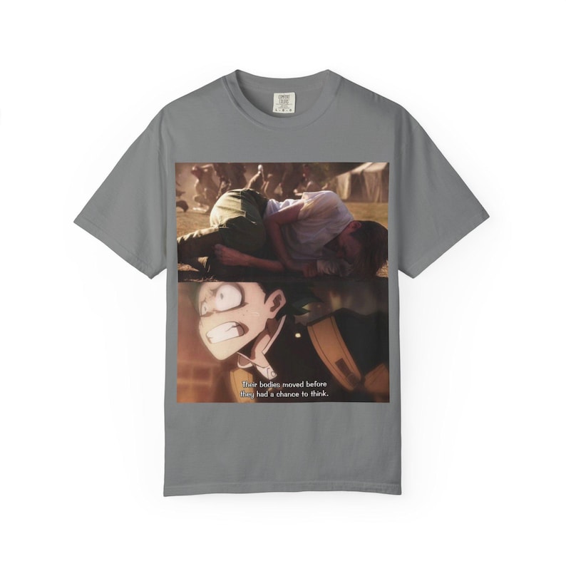 Camiseta con estampado de la escena de Steve Rogers y Deku / Diseño de viñeta de manga, primer plano dramático imagen 1