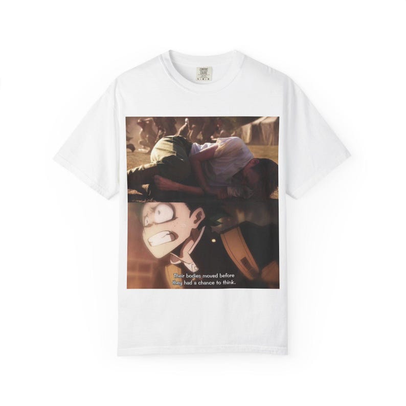 Camiseta con estampado de la escena de Steve Rogers y Deku / Diseño de viñeta de manga, primer plano dramático imagen 2
