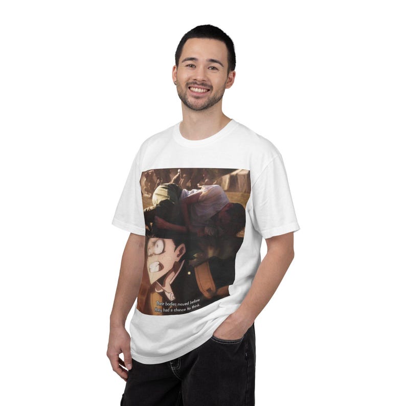 Camiseta con estampado de la escena de Steve Rogers y Deku / Diseño de viñeta de manga, primer plano dramático imagen 8