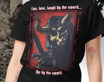 Camiseta Viva, Ame, Ria pela Espada: Camiseta Gamer Engraçada