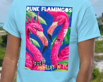 Camiseta unissex Punk Flamingos: Anarquia tropical em estilo surf