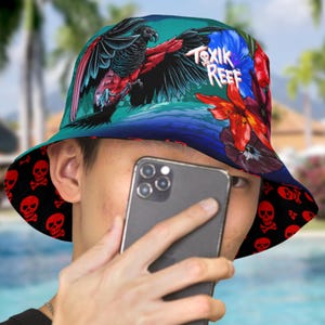 Reversible Tropical Parrot & Skull Bucket Hat: Sinister Surf
