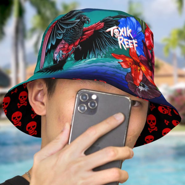 Reversible Tropical Parrot & Skull Bucket Hat: Sinister Surf