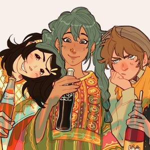May include: Illustration of three people holding bottles of soda. The central figure has green hair and a colorful patterned top. The other two figures are smiling and looking at the viewer. The bottles have labels with Arabic text.