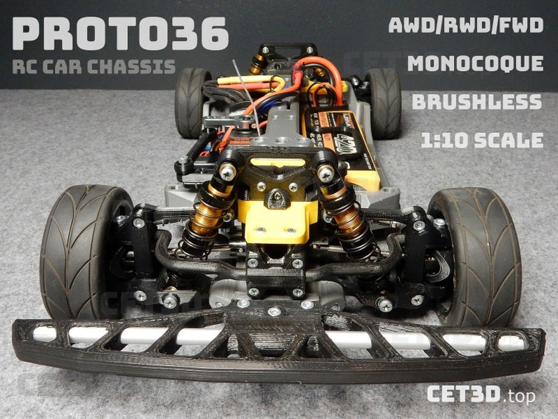May include: A detailed image of a Proto36 RC car chassis. The chassis features a black front bumper, black tires, and gold and black suspension components. Text on the image includes "AWD/RWD/FWD", "Monocoque", "Brushless", and "1:10 Scale".