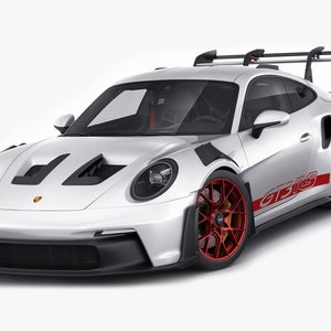 Könnte beinhalten: Ein weißer Porsche 911 GT3 RS Sportwagen mit großem Heckflügel, roten Akzenten und dem Schriftzug "GT3 RS" an der Seite.