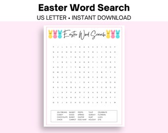 Puede incluir: Un rompecabezas de búsqueda de palabras de Pascua imprimible con un diseño de conejito colorido. El rompecabezas presenta palabras relacionadas con la Pascua, como "huevos", "conejo", "caramelos" y "caza".