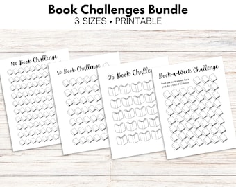May include: Printable book challenge tracker sheets in three sizes: 100 book challenge, 50 book challenge, and 25 book challenge. The 25 book challenge sheet also includes a "Book-a-Week Challenge" with the text "Read one book a week for a year, for a total of 52 books".