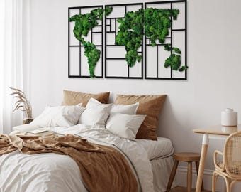 Decor wereldkaart aards mos - kunst aan de muur huis rustieke bemoste wereldkaart - op de natuur geïnspireerd decor met groen doordrenkte wereldkaart botanisch huisaccent