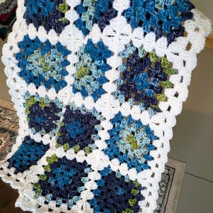 Peacock Granny Square Crochet Baby Afghan: Blue Green Lap Blanket