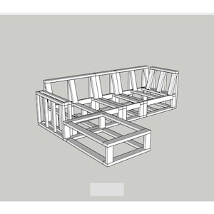 May include: A 3D rendering of a sectional sofa frame, constructed from wooden beams. The design features an L-shape with a long back and armrests, and a separate ottoman. The frame is shown in a neutral color, ideal for DIY furniture projects.