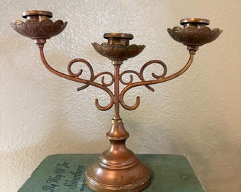 Vintage copper and brass three armed candlabra with engraved pattern