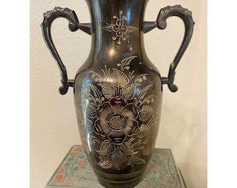 Vintage double handle flower engraved brass vase